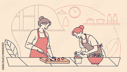 Two Women Prepare Food in Kitchen, Cooking Illustration Art