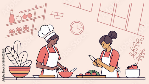 Two women preparing food together in a modern minimalist kitchen setting