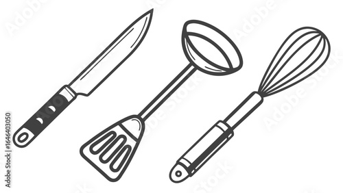Vector Kitchen Tools Knife Whisk Ladle Spatula Black and White Outlines