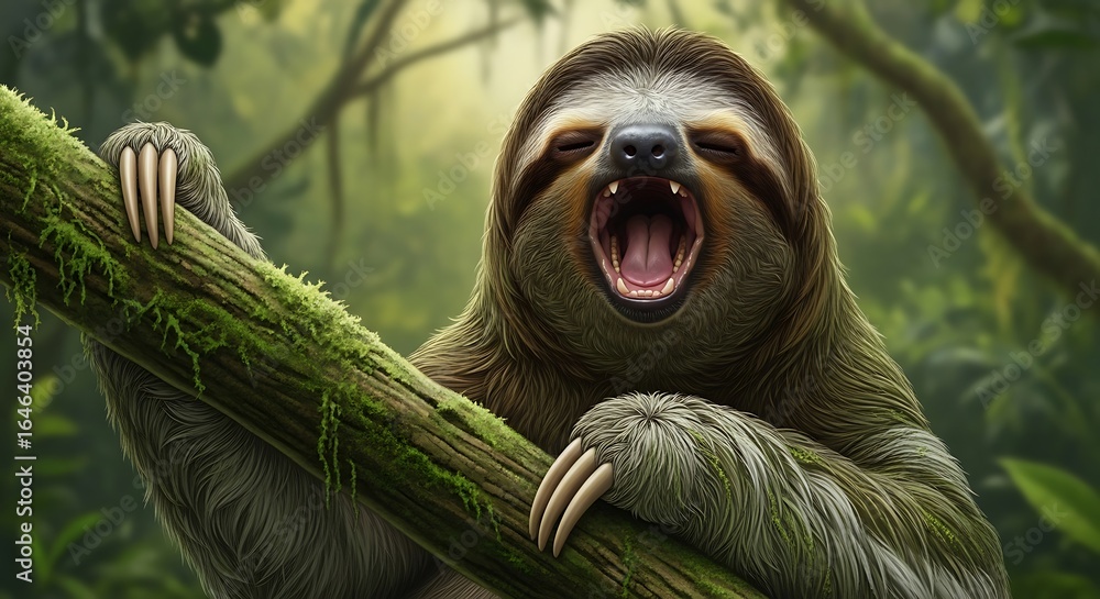 Fototapeta premium Screaming Sloth in Lush Rainforest A Digital Painting