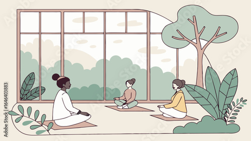 Women Practicing Meditation Indoors with Nature View Abstract Illustration