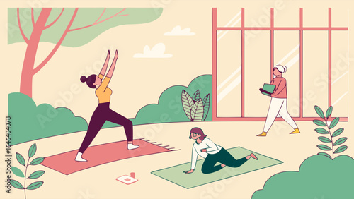 Yoga Practice Outdoor Illustration with Women and Nature in Harmony