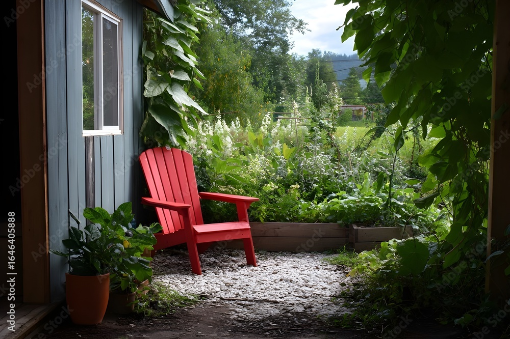 Fototapeta premium Recycled Plastic Adirondack Chair with Scenic Backdrop for Sustainable Outdoor Relaxation