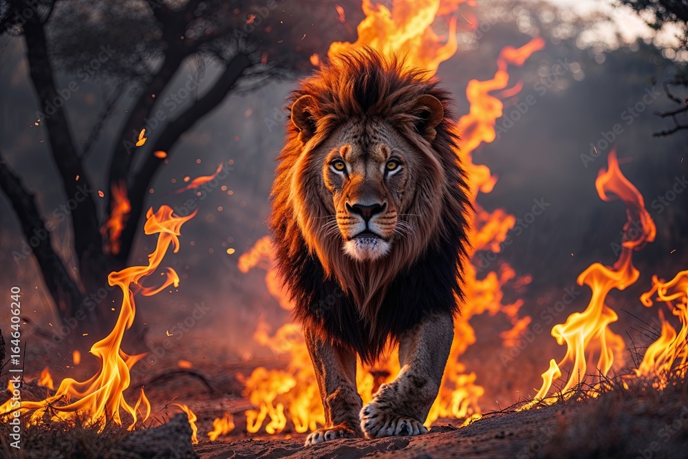 Naklejka premium Epic Wild Lion Adventure Surrounded by Flames