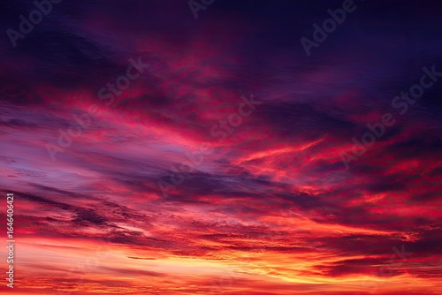 Dramatic sunset cloudscape.  Fiery hues of red, orange, and purple fill a cloudy sky