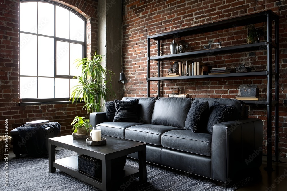 Obraz premium Industrial loft living room with cozy accents for chic urban design and modern industrial interior ideas