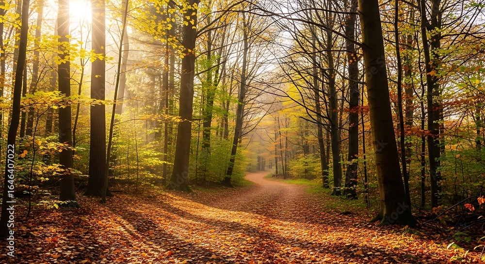 Golden Sunlight Illuminates a Winding Forest Path Covered in Autumn Leaves Golden Sunlight Illuminates a Winding Forest Path Covered in Autumn Leaves