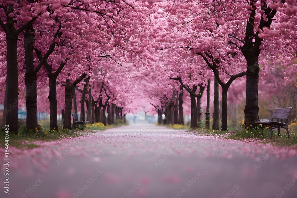 Naklejka premium Cherry Blossom Avenue with Pink Petals in Soft Focus for Serene Spring Landscape Photography