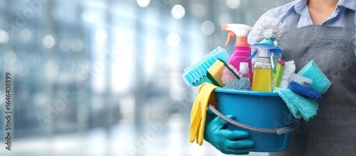 Janitor holding cleaning supplies bucket in office