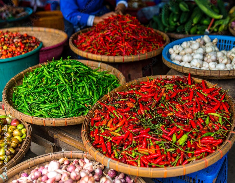 Fototapeta premium Vibrant chili peppers and vegetables displayed in woven baskets at a bustling market