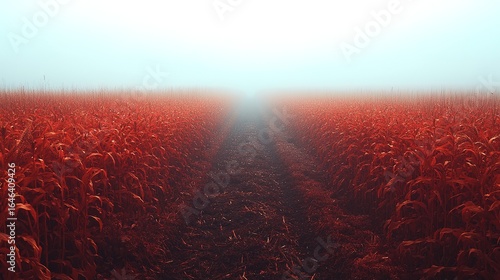 Red field disappearing into fog or mist horizon line creating a path.
