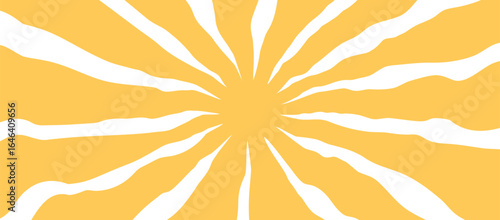Sun retro 70s pattern, groovy summer background, wavy radial bust bg, wave sunshine, yellow ray boho flower, cartoon hippy sunbeam stripes. Light color print. Nature vibes vector illustration