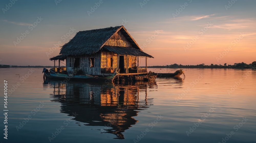 Fototapeta premium A small house on a small boat in the water