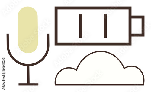 Microphone, battery, and cloud icons in minimalist design convey themes of communication, energy, and digital storage. Ideal for technology, innovation, media, podcasting cloud computing eco