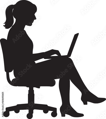 Woman Silhouette Working on Laptop in Office Chair