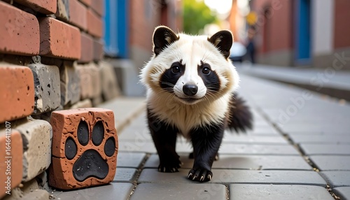 Fototapeta Naklejka Na Ścianę i Meble -  Cute raccoon-like animal in an urban alley