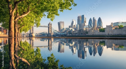 London cityscape reflected in calm water, dawn. Lush trees frame the view