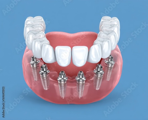 Full denture implants, dental surgery, gum, teeth, blue background, healthcare