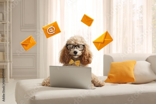 Morning bliss: dog's delightful laptop adventure. Chat communication fatigue. How messaging overload silently drains your focus and emotional energy. Tech-savvy dog. Chat app distraction.