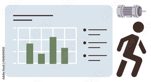 Bar chart on a digital dashboard with performance metrics, motor icon, running figure. Ideal for analytics, productivity, efficiency, engineering, fitness monitoring, reporting simple flat metaphor