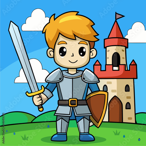 Brave young knight in shiny cartoon armor