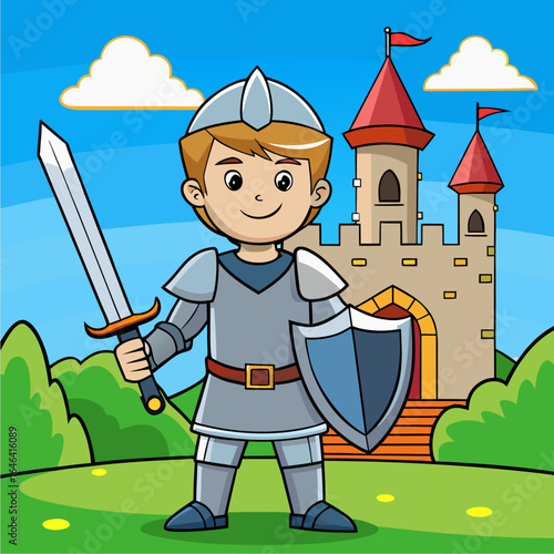 Brave young knight in shiny cartoon armor