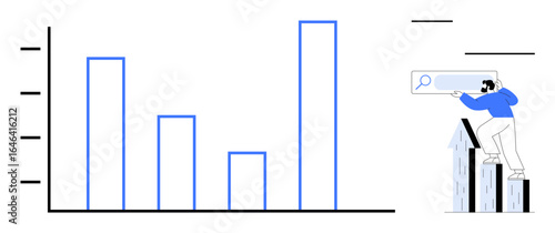 Bar chart with rising vertical bars indicating growth and a person with a search tool on ascending arrow blocks. Ideal for analytics, business strategy, growth tracking, data research, progress