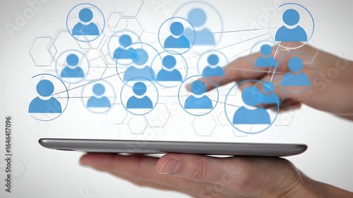 Hand Holding Tablet Displaying Connected People Icons on White Background for Social Media Network and Digital Communication