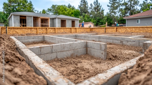 Concrete Pouring for a Building Foundation with Construction Crew at Work Site   Heavy machinery equipment and workers laying the groundwork for a new construction project