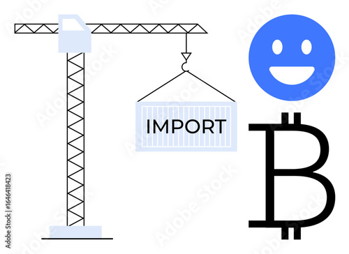 Crane lifting container labeled import, Bitcoin symbol, and happy face highlighting trade, digital currency, and positive business. Ideal for logistics, cryptocurrency, shipping, trade economy