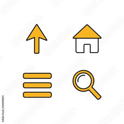 Modern navigation icons featuring upload, home, menu, and search for intuitive user interface design