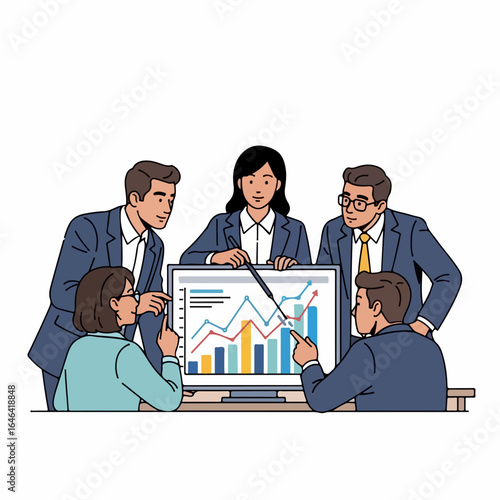 Diverse team collaborates presenting financial growth charts on a modern computer screen with confident energy