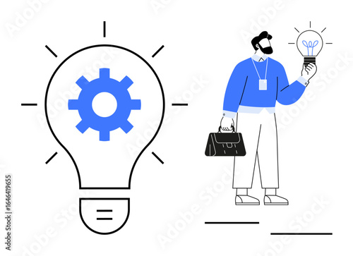 Businessman holding small bulb symbolizing idea, standing near giant lightbulb with gear at center. Ideal for innovation, problem-solving, teamwork, creativity, entrepreneurship, productivity