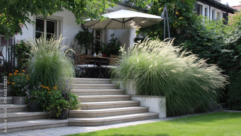 Obraz premium Outdoor patio with stone steps and lush plantings