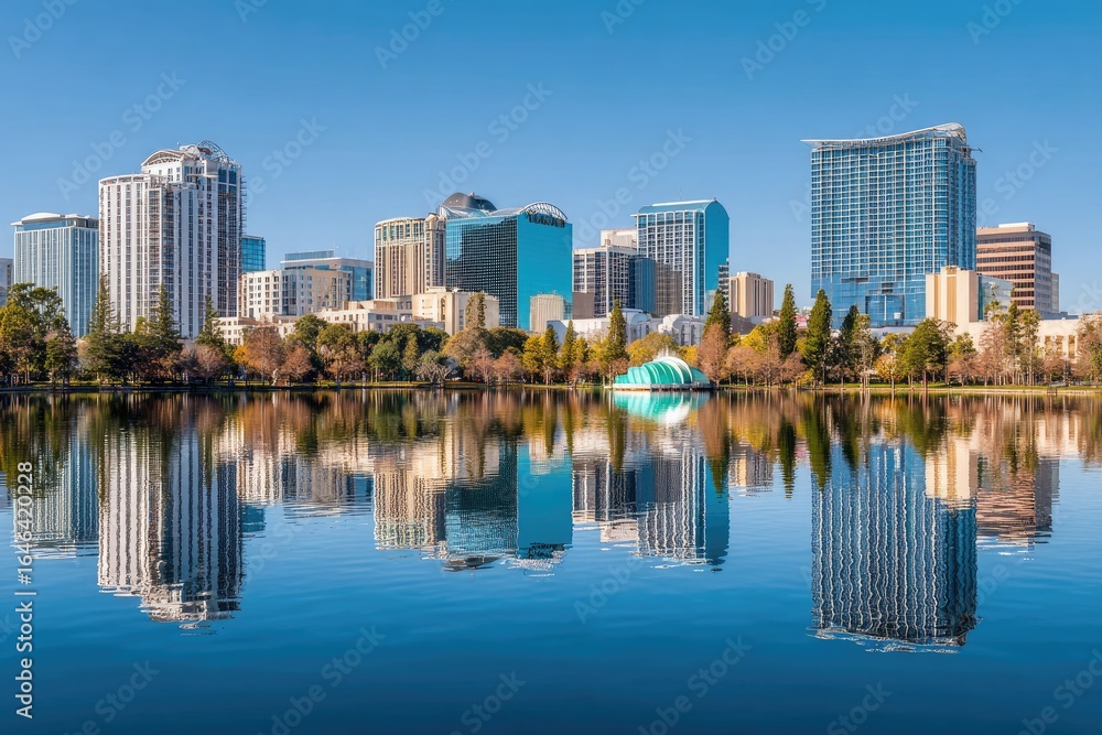 Fototapeta premium City skyline reflected in a tranquil lake.