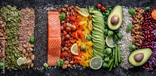 Wallpaper Mural Colorful array of wholesome foods arranged on a dark surface Torontodigital.ca