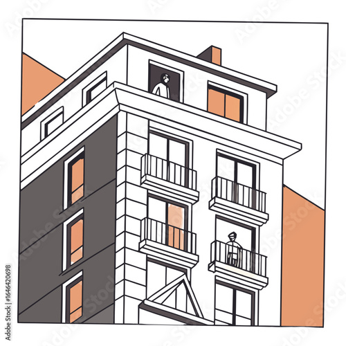 People in Windows of Modern Apartment Building, Cityscape, Illustration, Lifestyle Perspective, Contemporary Design