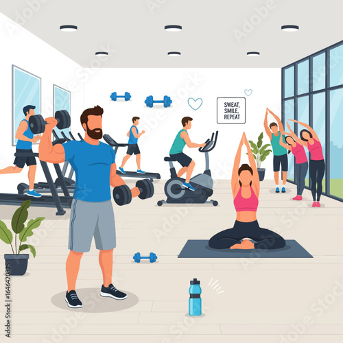 Active people exercising in a modern gym, engaging in cardio, strength training, and yoga for a healthy lifestyle. Vector illustration.