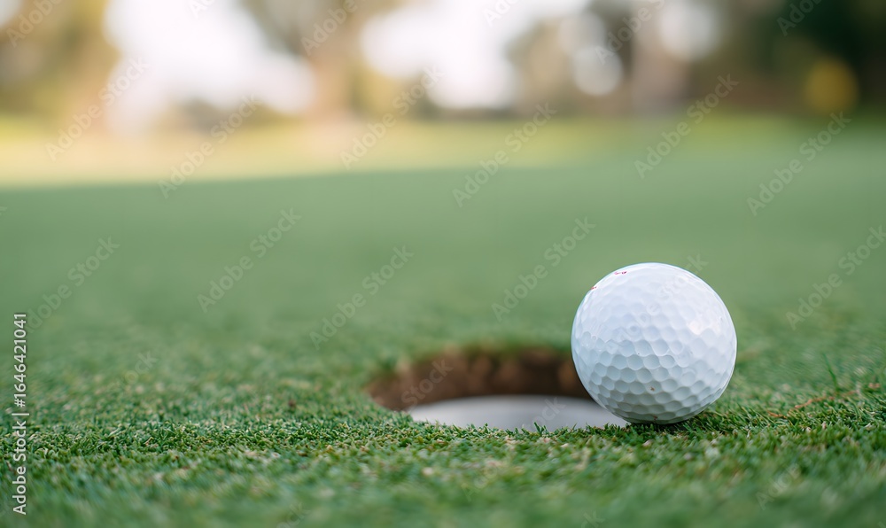 Obraz premium close-up of a white golf ball resting inside a golf hole on a vibrant green putting green