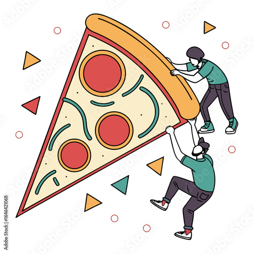 Dynamic Action of Two Characters Lifting a Giant Pizza Slice in an Abstract Geometric Style Illustration