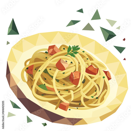 Geometric Plate, Delicious Pasta Dish, Warm Yellow Palette, Illustration, Modern Style, Top View, Low-Poly Art