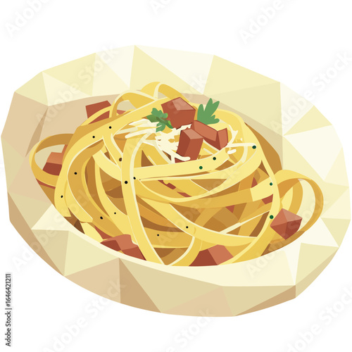 Geometric Pasta Dish Illustration, Warm Yellow Palette, Food Art, Creative Design, Low-Poly Style