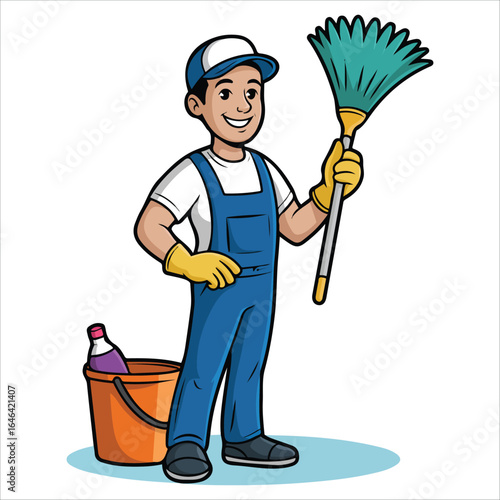 joyful janitor character with mop bucket vector art isolated white