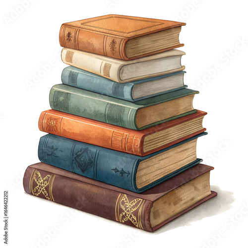 A stack of old, vintage books with ornate covers and textured pages, isolated on a transparent background, representing knowledge, education, and literature