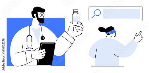 Doctor holding medication and tablet, patient using digital interface for virtual search. Ideal for healthcare, telemedicine, tech innovation, pharmaceutical advertisement, futuristic medical UI