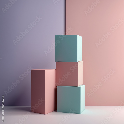 Abstract, colorful 3D blocks with shadows form a modern geometric design 