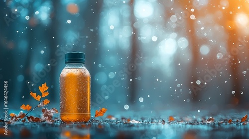 Refreshing beverage bottle rainy forest setting nature photography tranquil atmosphere close-up view environmental awareness