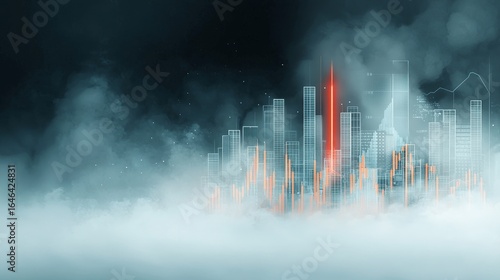 Dynamic urban landscape captured in misty atmosphere futuristic city skyline digital art night view technology concept