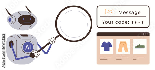 AI robot examines online shopping elements with magnifying glass, focusing on authentication, security code, and shopping website. Ideal for technology, e-commerce, cybersecurity, innovation, AI