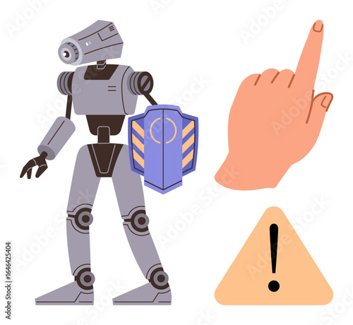 Advanced robot holding shield alongside caution sign and finger gesture encouraging vigilance. Ideal for technology, security, military defense, AI ethics, risk alert, innovation, caution